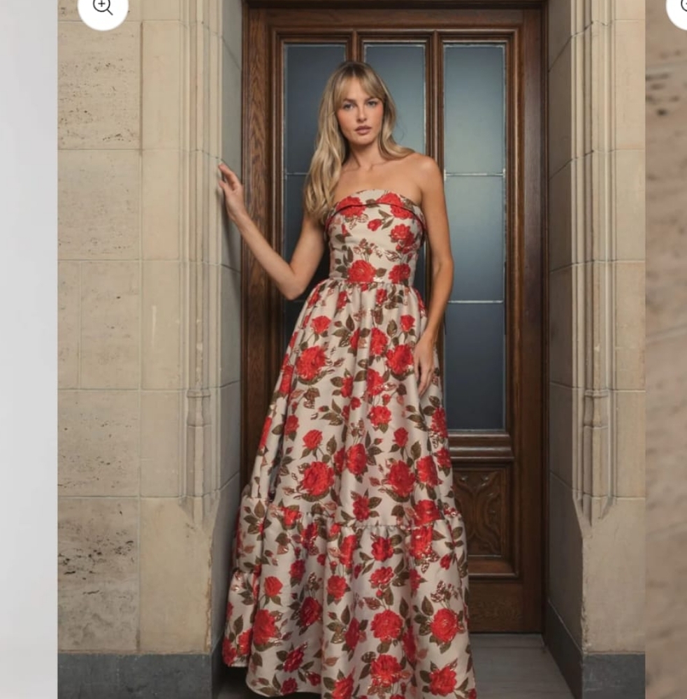 Mac Duggal Brocade Strapless Floral Gown  With Ruffle Hem